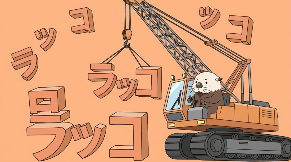 クレーンでカタカナの文字ブロックを並べ替えるラッコ
