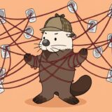 丸いカードを結ぶ赤い糸に絡まりながら推理する探偵ラッコ