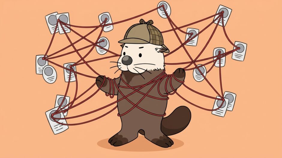 丸いカードを結ぶ赤い糸に絡まりながら推理する探偵ラッコ