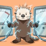 電気で毛が逆立ちながら2台の電力メーターを見比べるラッコ
