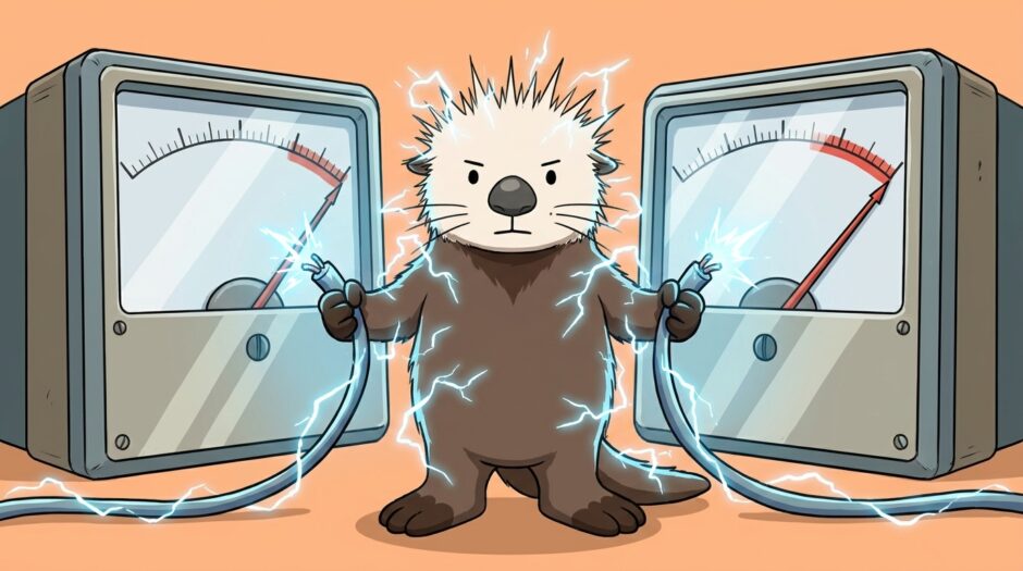 電気で毛が逆立ちながら2台の電力メーターを見比べるラッコ