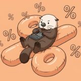 %記号の浮き輪につかまり電卓を叩くラッコ
