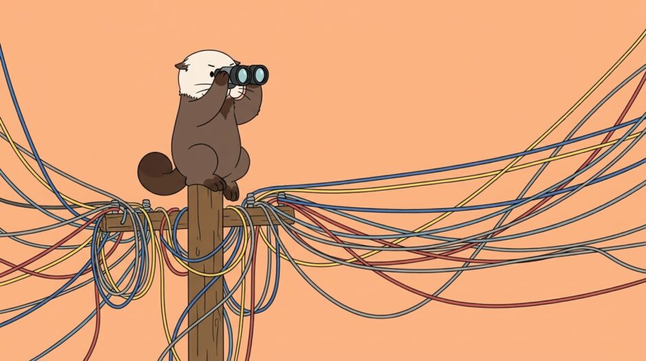 電柱に登りケーブルの行き先を双眼鏡で追うラッコ
