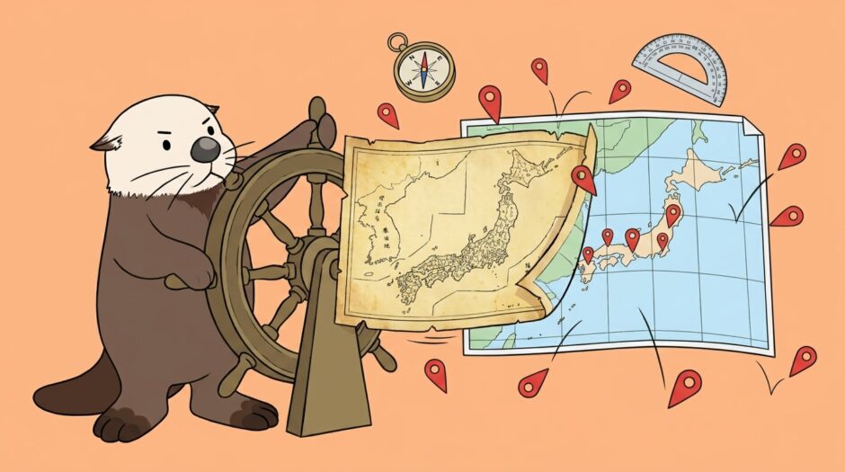 重なった新旧の地図のずれをハンドルで合わせるラッコ