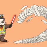 誘導棒で舞い散る書類のページを順番に並べる交通整理ラッコ