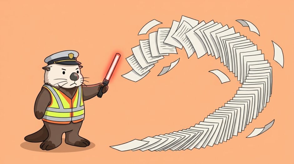誘導棒で舞い散る書類のページを順番に並べる交通整理ラッコ
