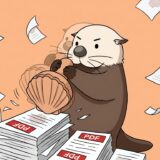 PDF書類にホタテ型のハンコを連打して透かしを入れるラッコ