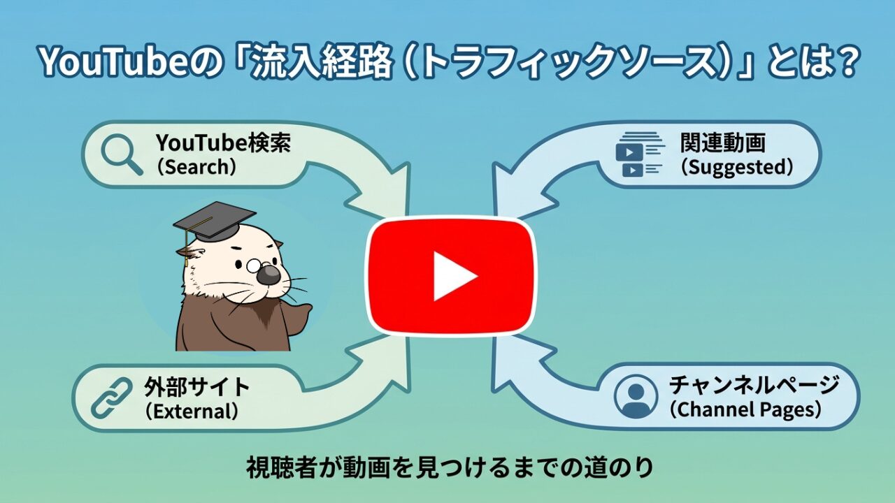 YouTubeの流入経路(トラフィックソース)の解説。検索、関連動画、外部、チャンネルページを図解。