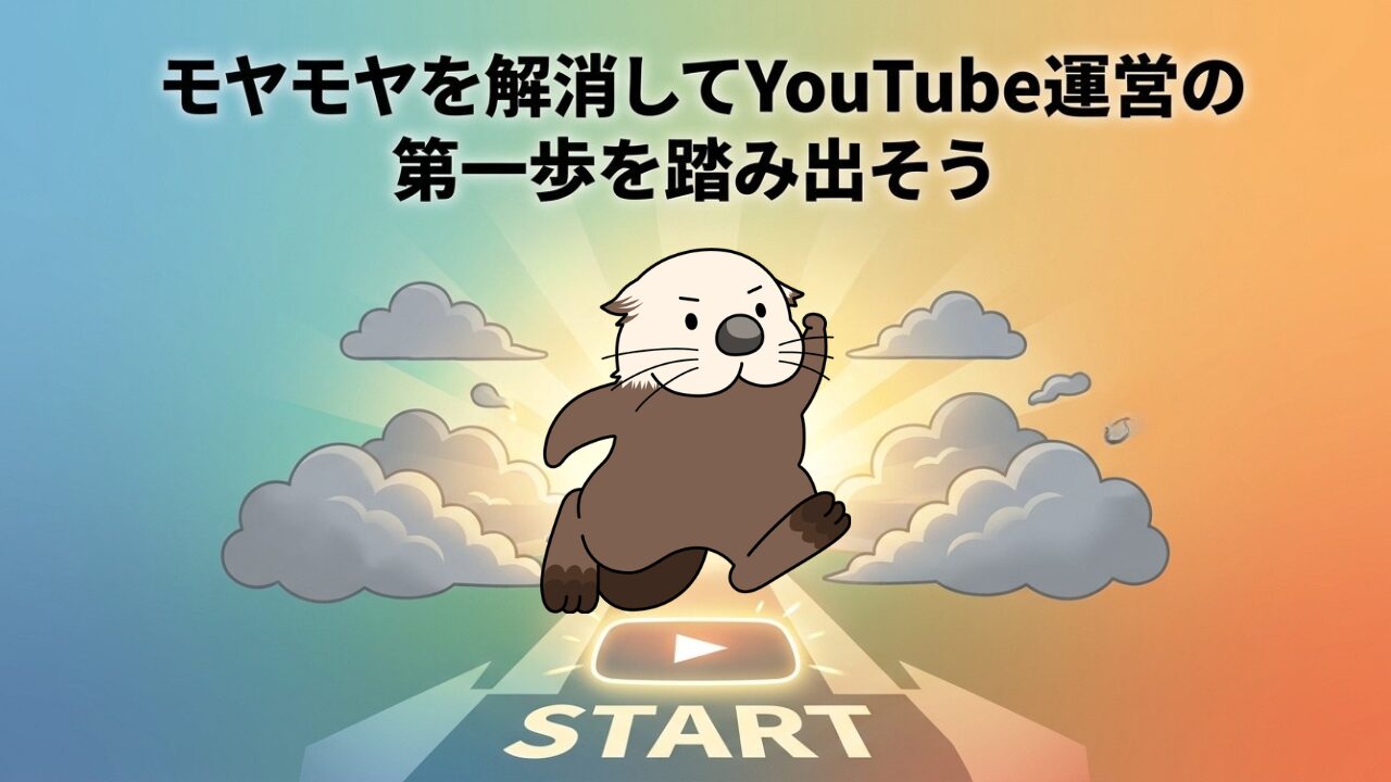モヤモヤを解消してYouTube運営の第一歩を踏み出そう。走るラッコとスタートボタン。