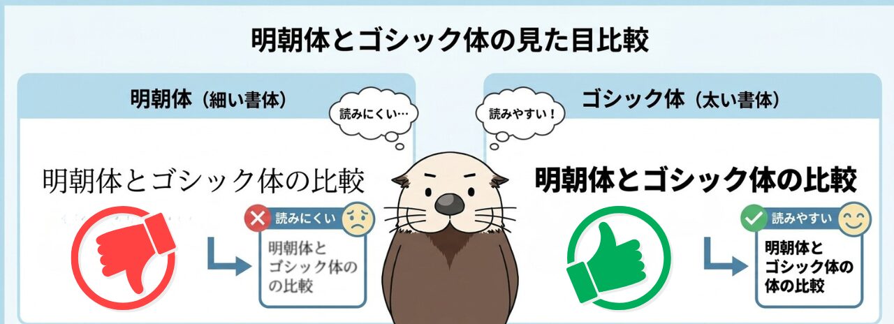 明朝体(細い)は読みづらく、ゴシック体(太い)は読みやすいことを示すフォントの見た目比較図