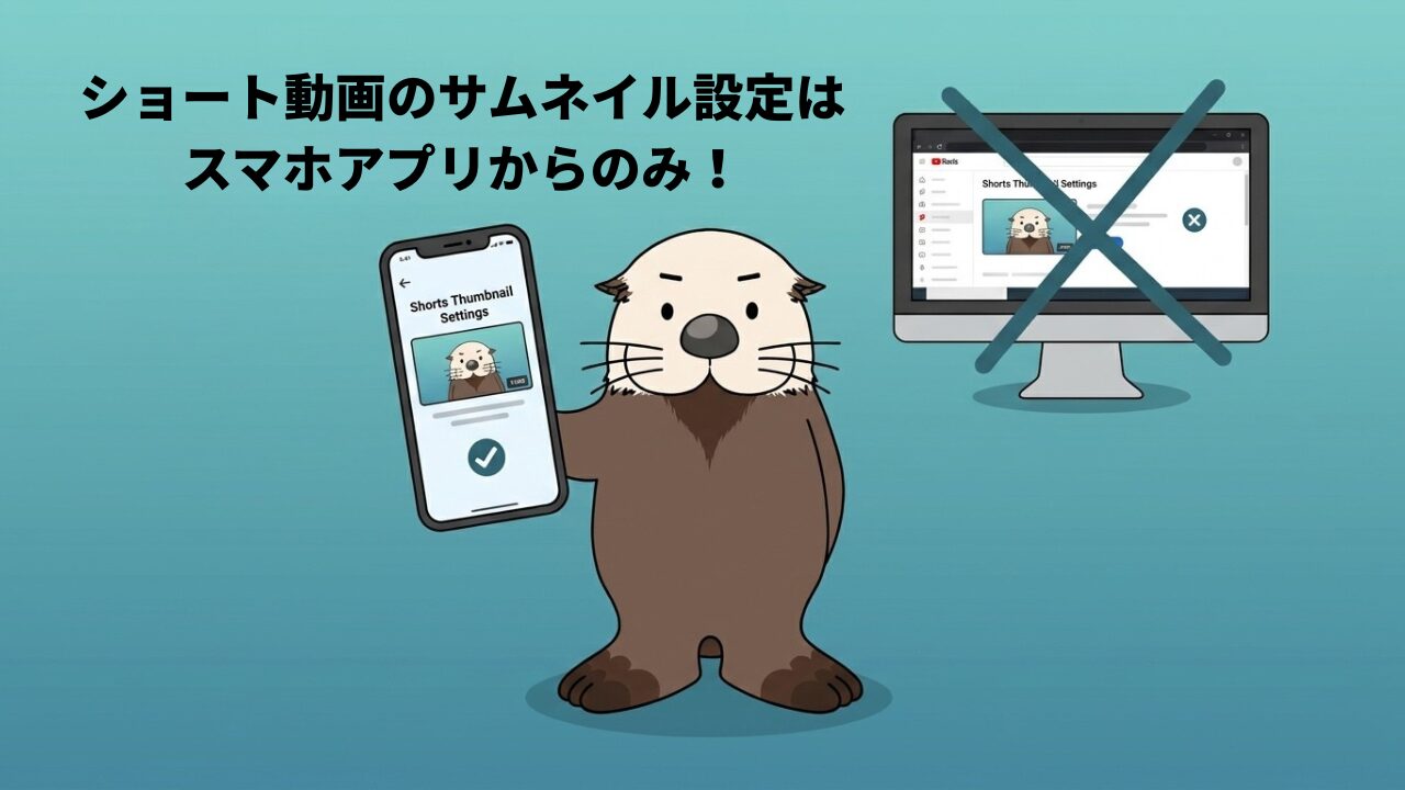 ショート動画のサムネイル設定はスマホアプリからのみ。スマホを持つラッコと×印の付いたパソコン。