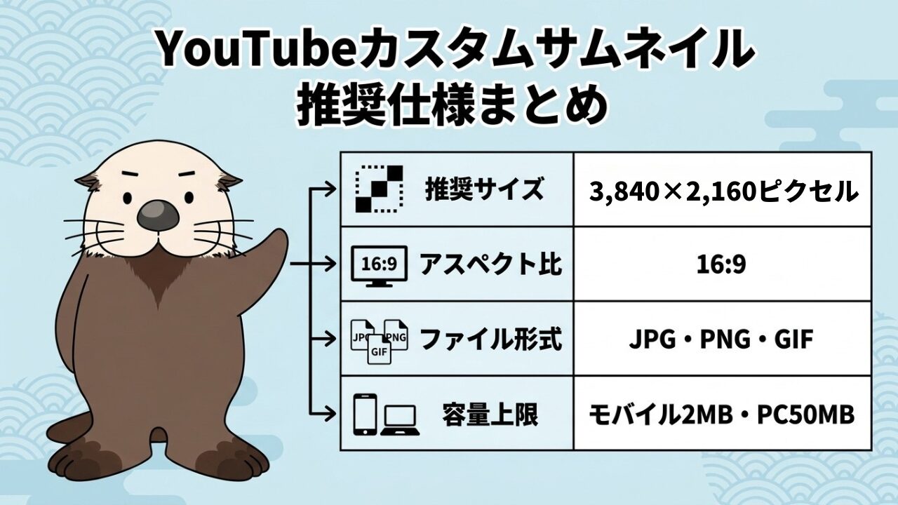 YouTubeカスタムサムネイル推奨仕様：3840×2160、16:9、JPG等、2MB〜50MB