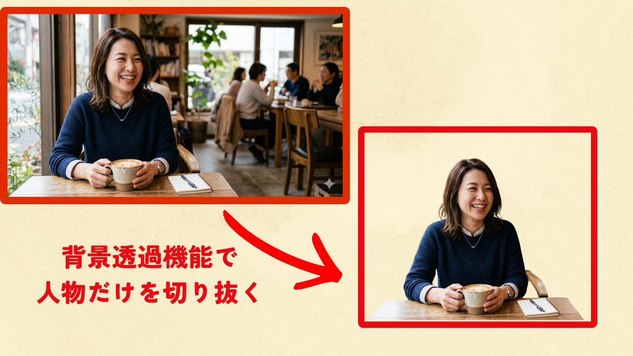 背景透過機能でカフェの女性を切り抜く前後の比較。テキスト「背景透過機能で人物だけを切り抜く」