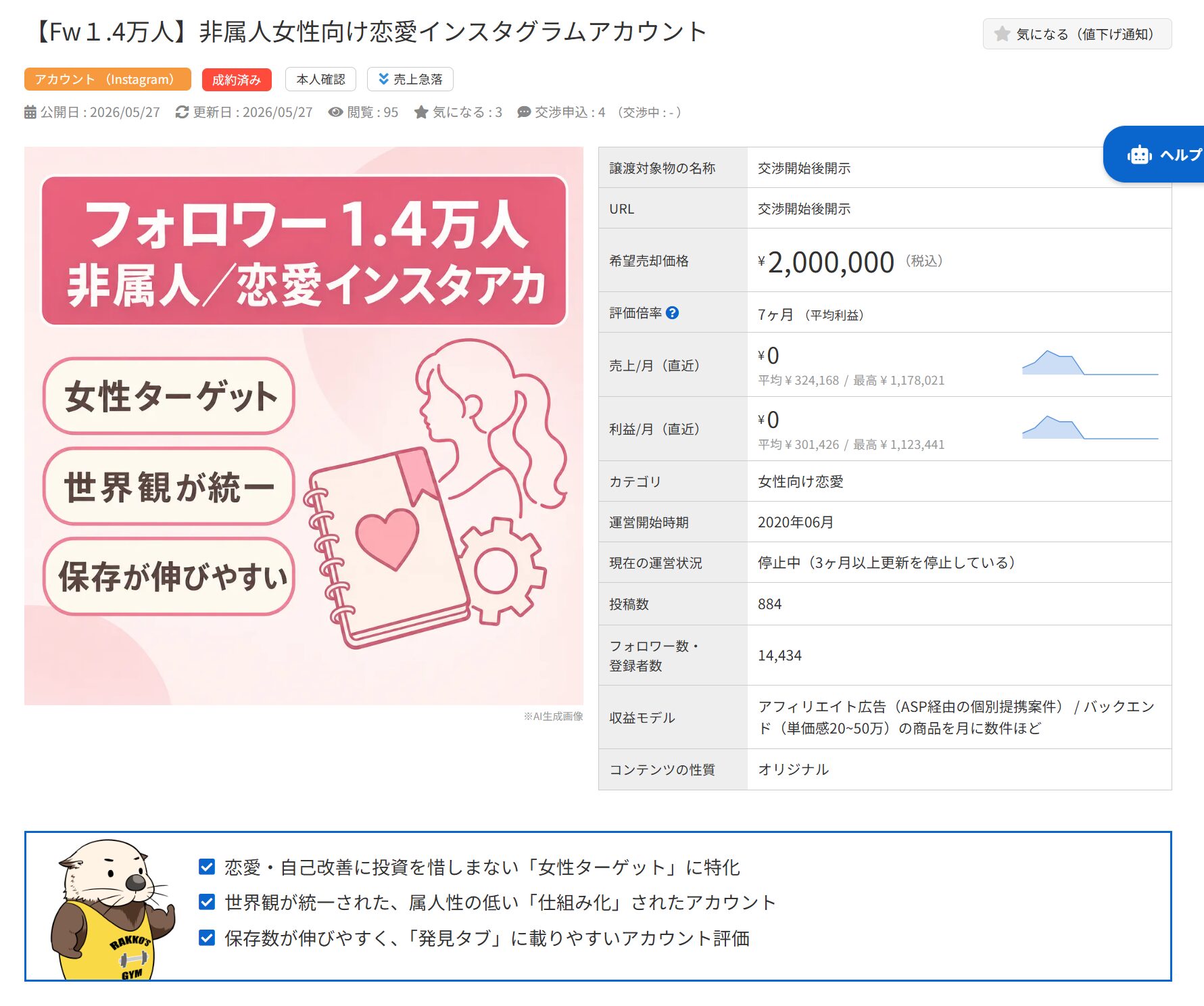 フォロワー1.4万人の非属人女性向け恋愛インスタグラムアカウントの譲渡案件詳細