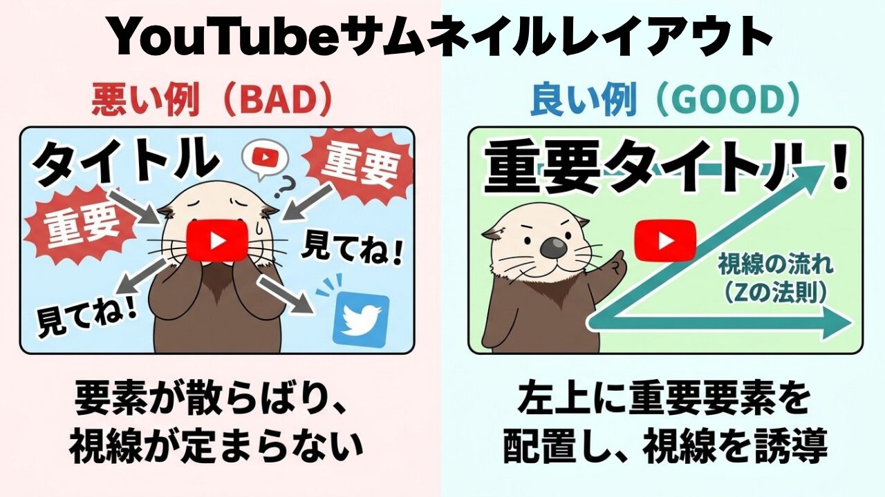 YouTubeサムネイルのレイアウト比較。視線が散漫な悪い例と、Zの法則で視線を誘導する良い例。