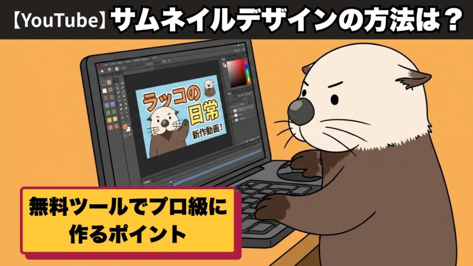 パソコンでサムネイルを制作するラッコのイラスト。YouTubeサムネイルデザインの方法を解説。