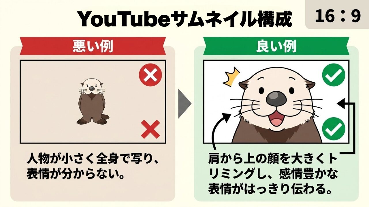 YouTubeサムネイル構成の比較。顔を大きく映し表情を明確にする良い例と、小さく映す悪い例。