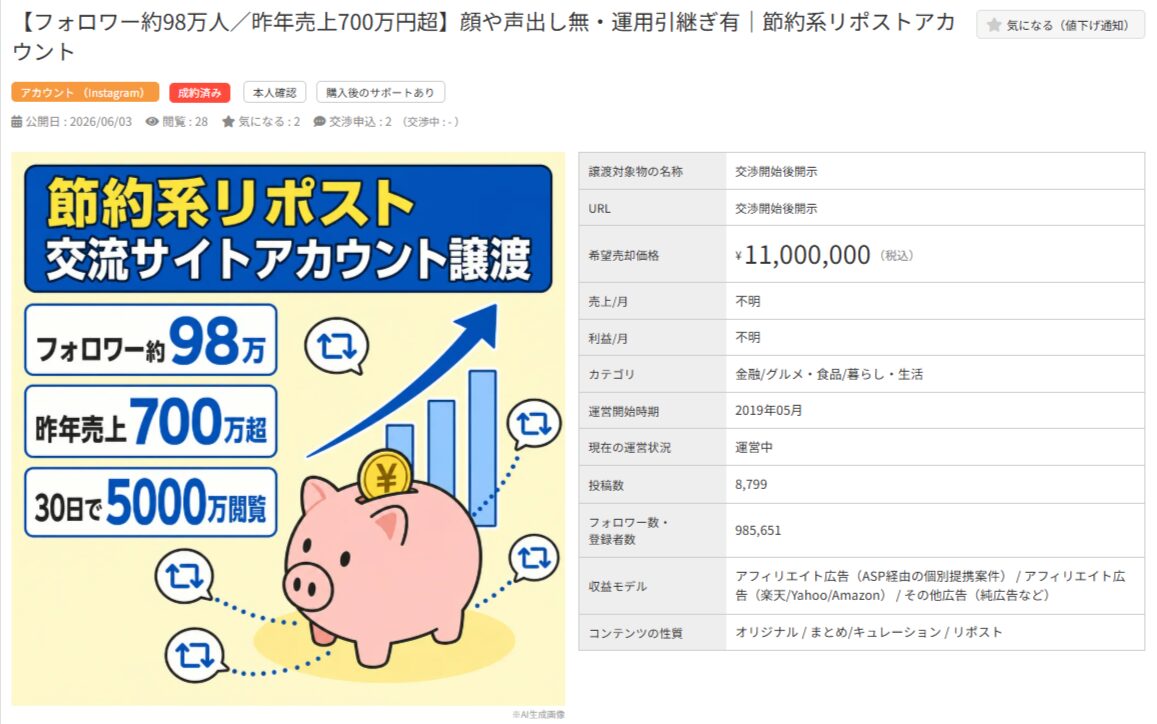 フォロワー98万人の節約系Instagramアカウント譲渡。売上700万、希望価格1100万円。