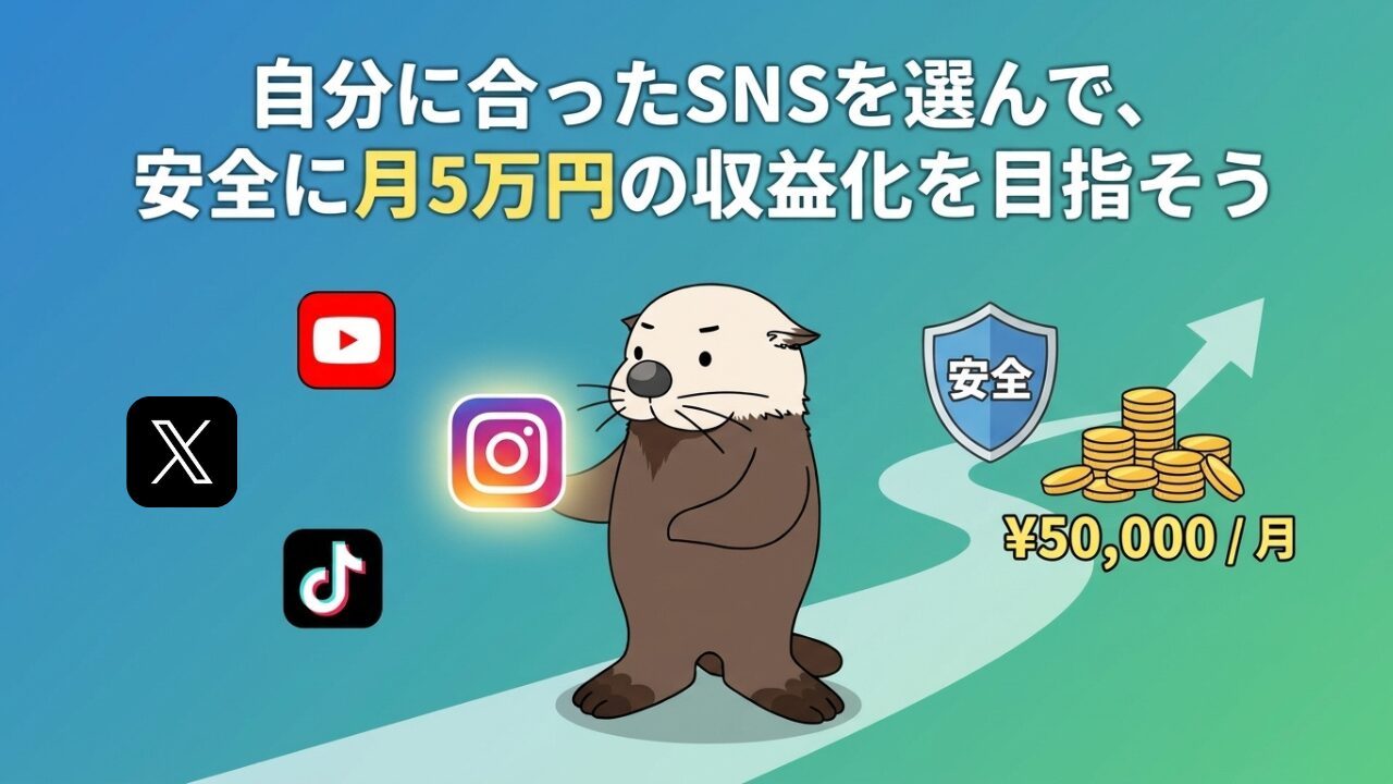 「自分に合ったSNSを選んで、安全に月5万円の収益化を目指そう」というテキストとラッコ、SNSの図解