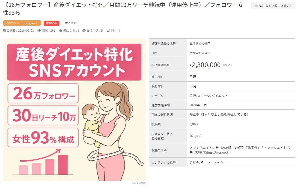 26万フォロワー、女性93％構成の産後ダイエット特化SNSアカウント売却情報