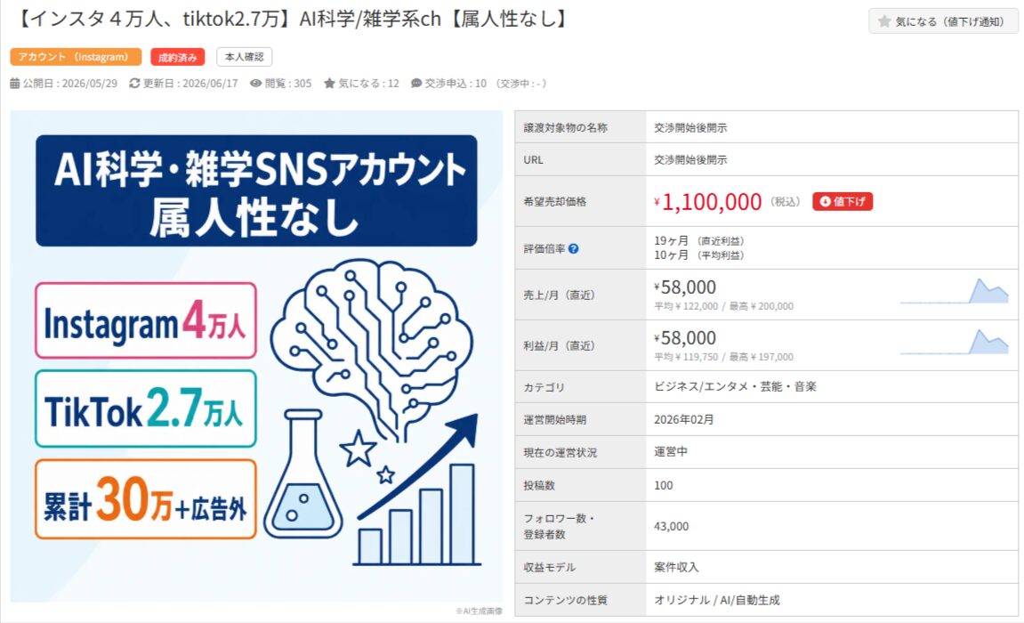 AI科学・雑学SNSアカウント（属属性なし）売買案件。インスタ4万人、TikTok2.7万人の実績。