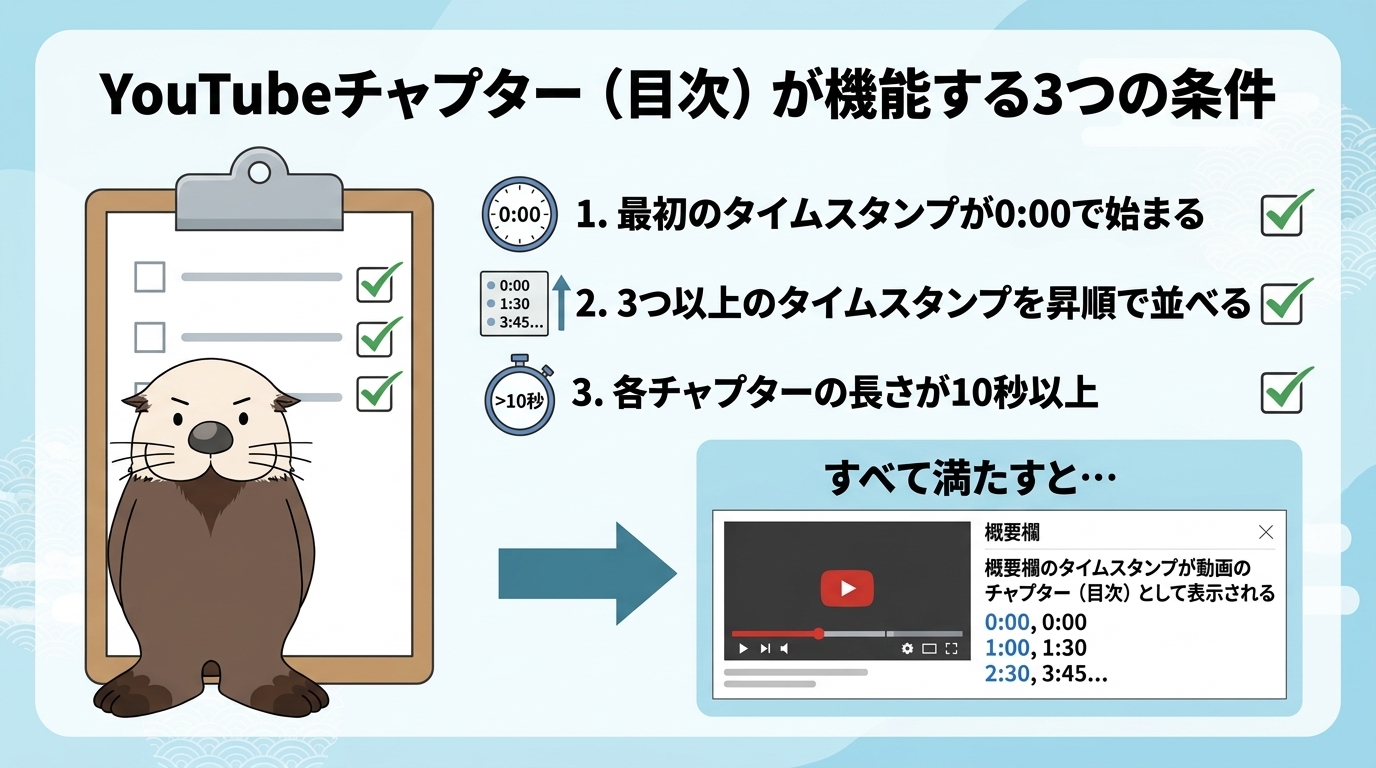 YouTubeチャプターが機能する3つの条件の図解
