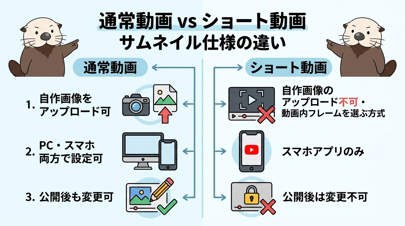 通常動画とショート動画のサムネイル仕様の違い比較図