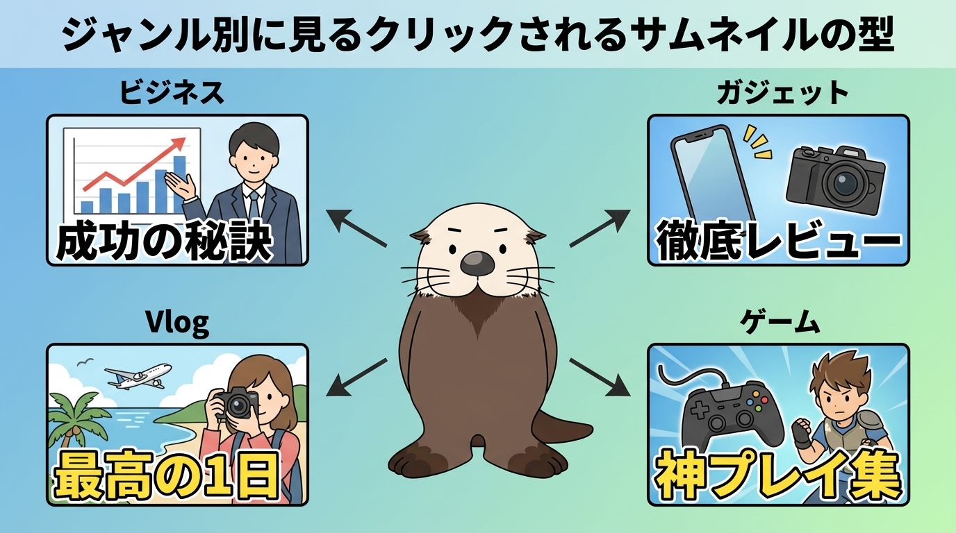 ジャンル別のサムネイルの型を示すアイキャッチ