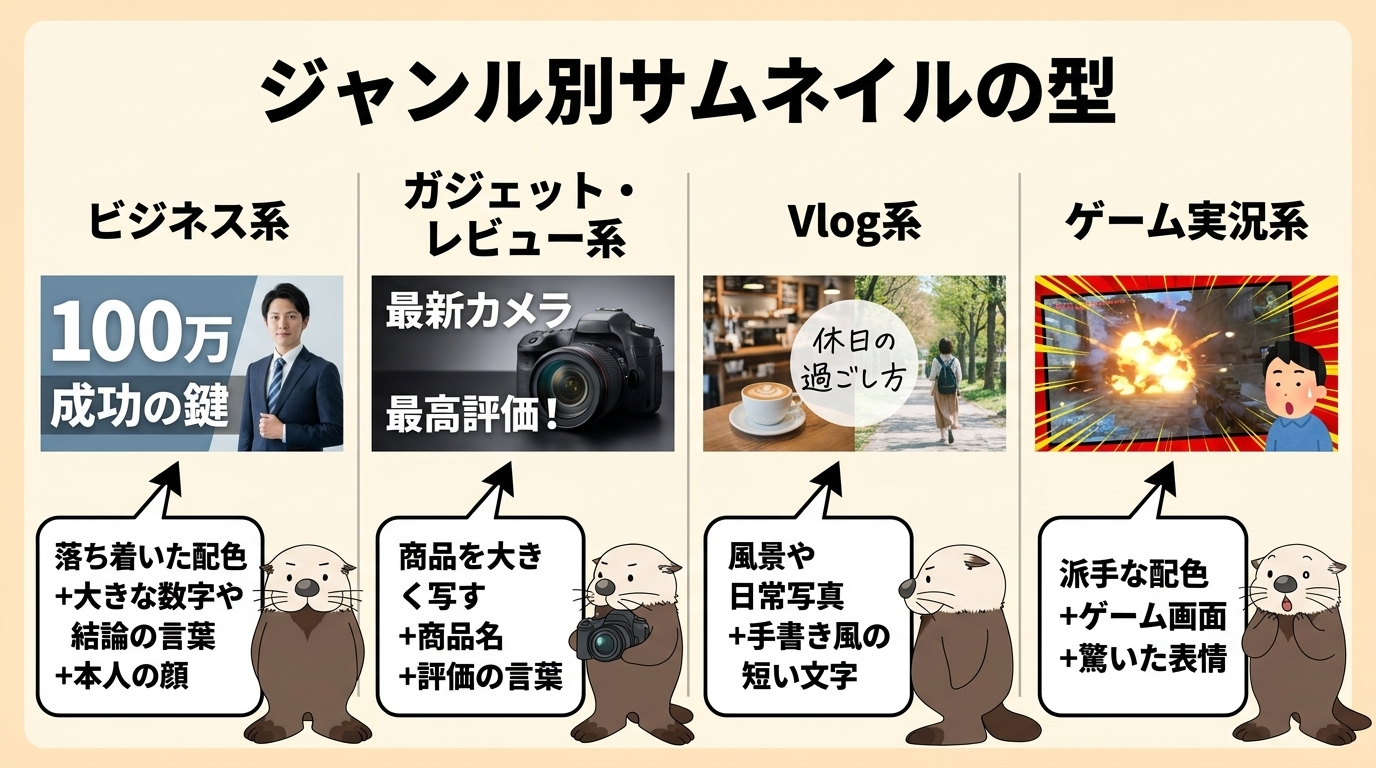 ジャンル別サムネイルの型を並べた図解