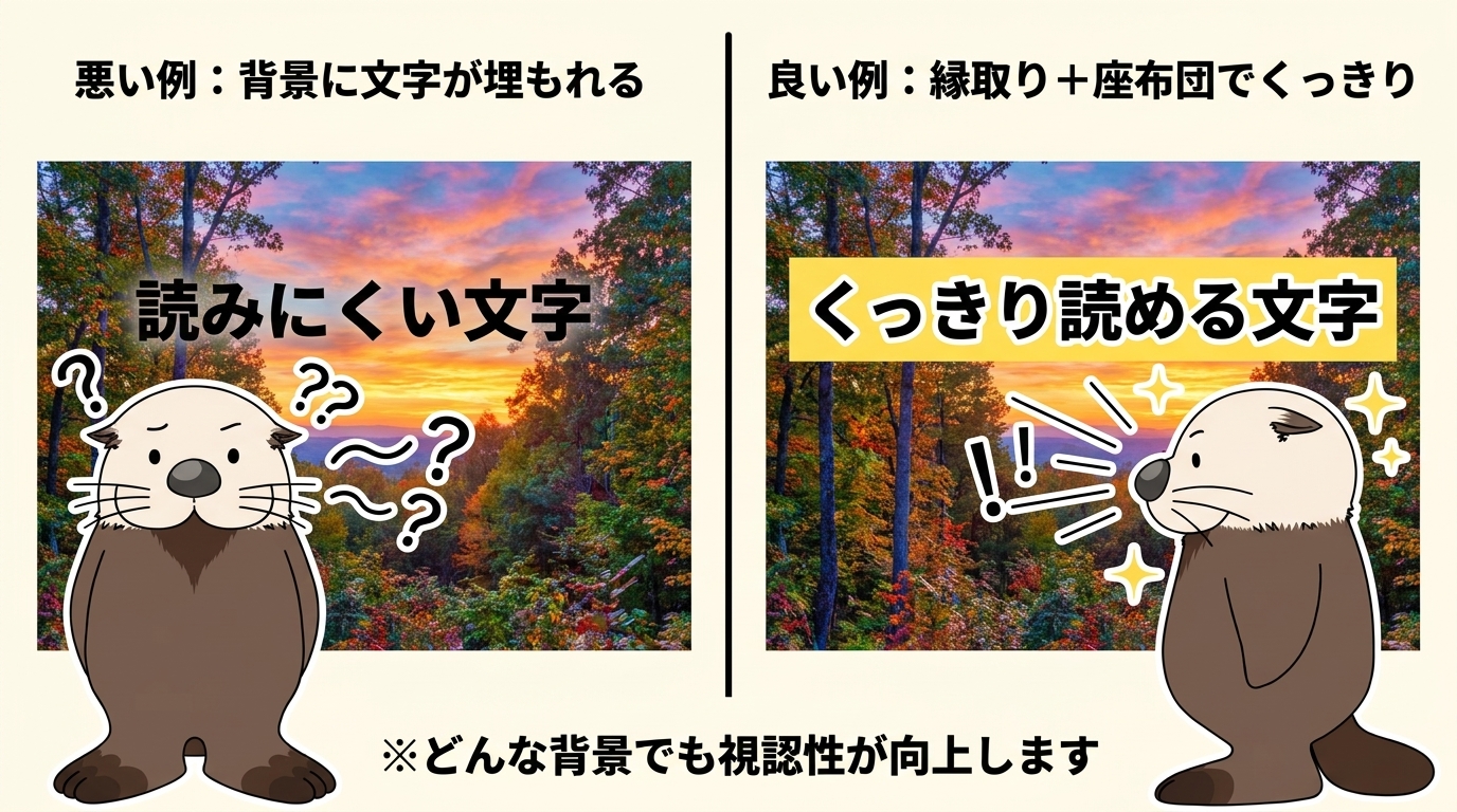 文字の縁取りと座布団の有無を比べた良い例・悪い例の図解