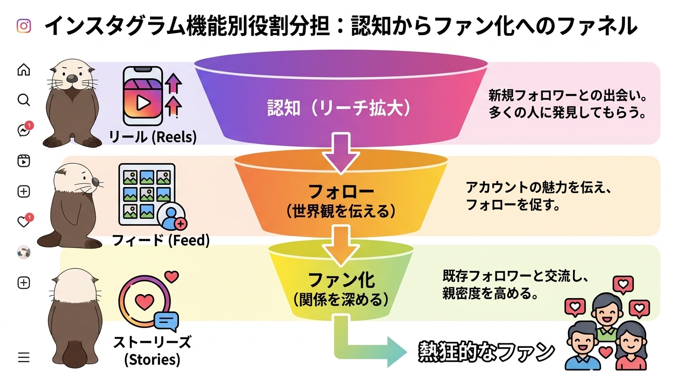 リール・フィード・ストーリーズの役割分担の図解