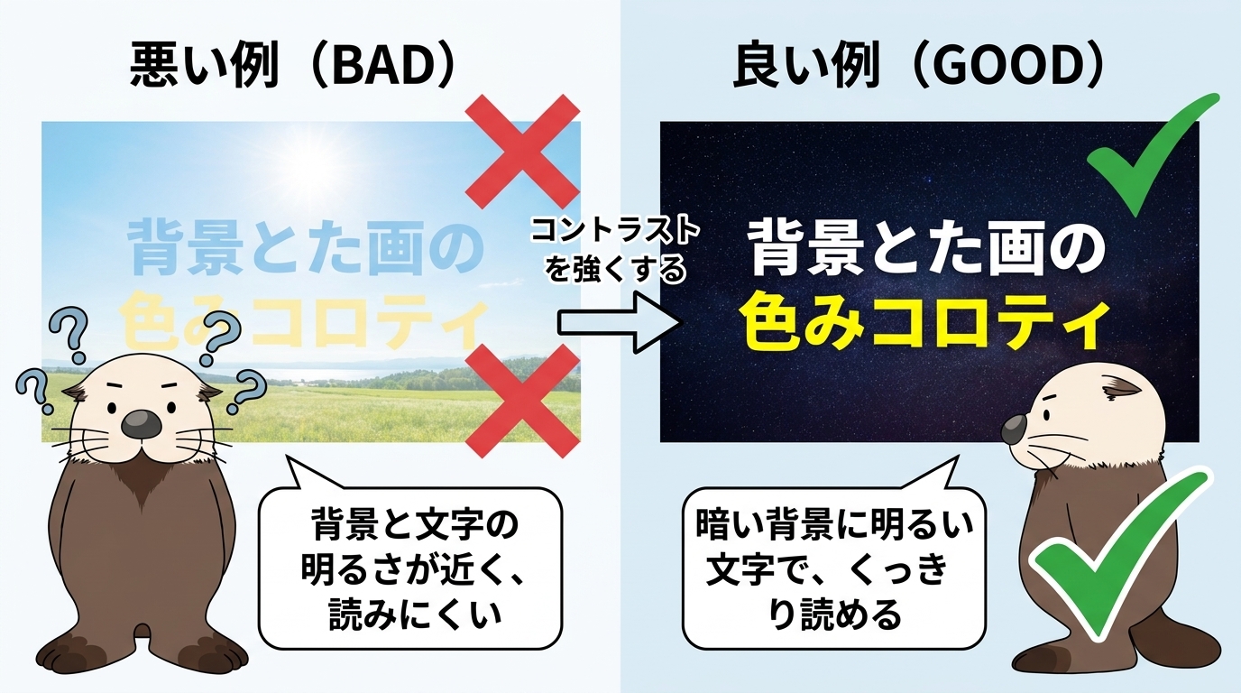 背景と文字のコントラストが弱い悪い例と強い良い例を比べた図解