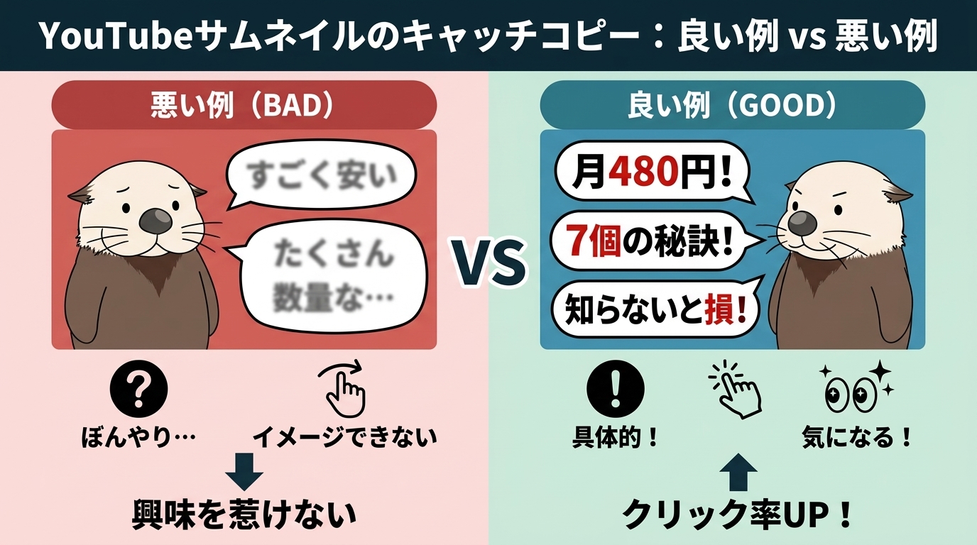 抽象的な言葉の悪い例と具体的な数字・パワーワードの良い例を比べた図解
