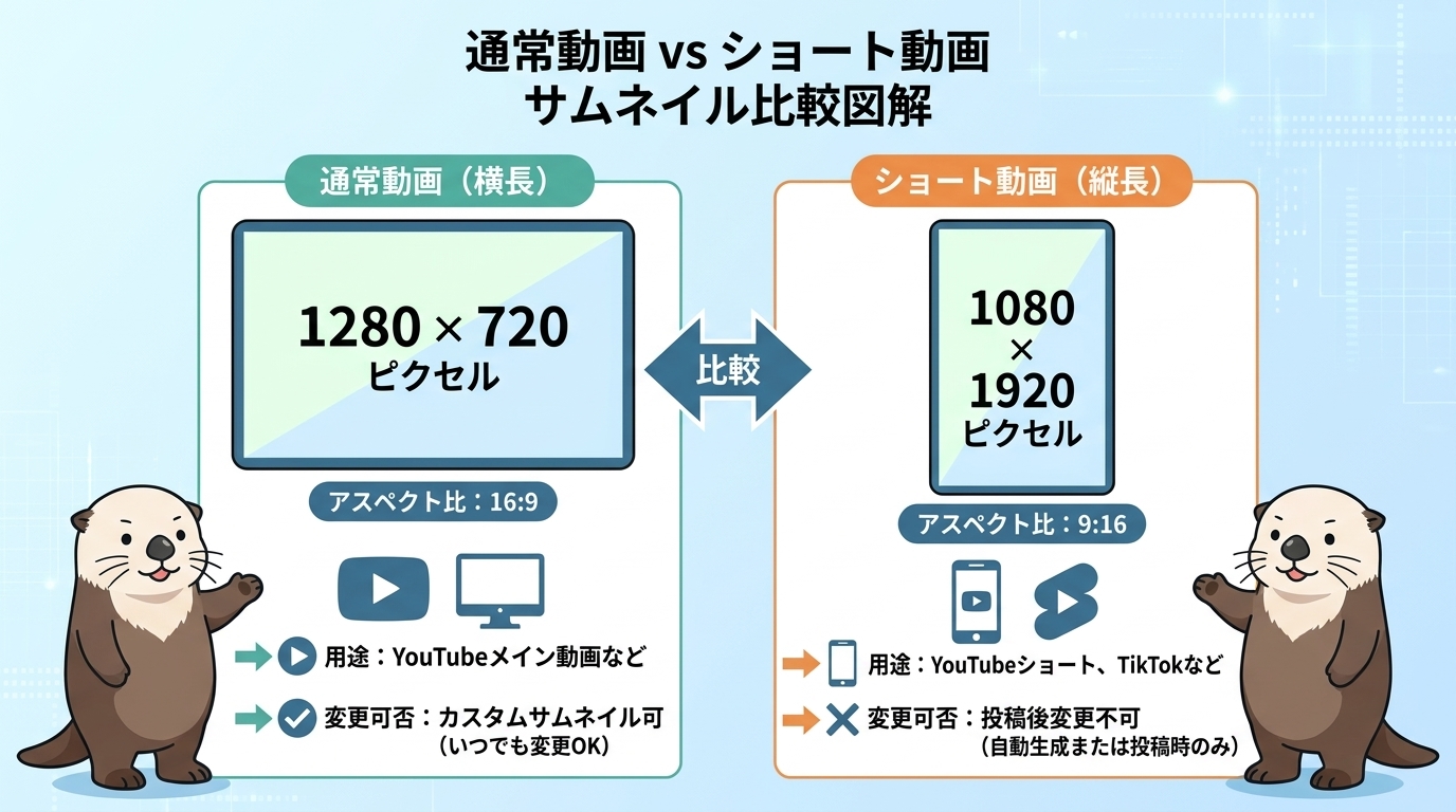 通常動画とショート動画のサムネイルサイズ比較図