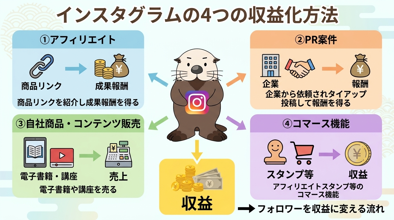 インスタの4つの収益化方法を示した図解