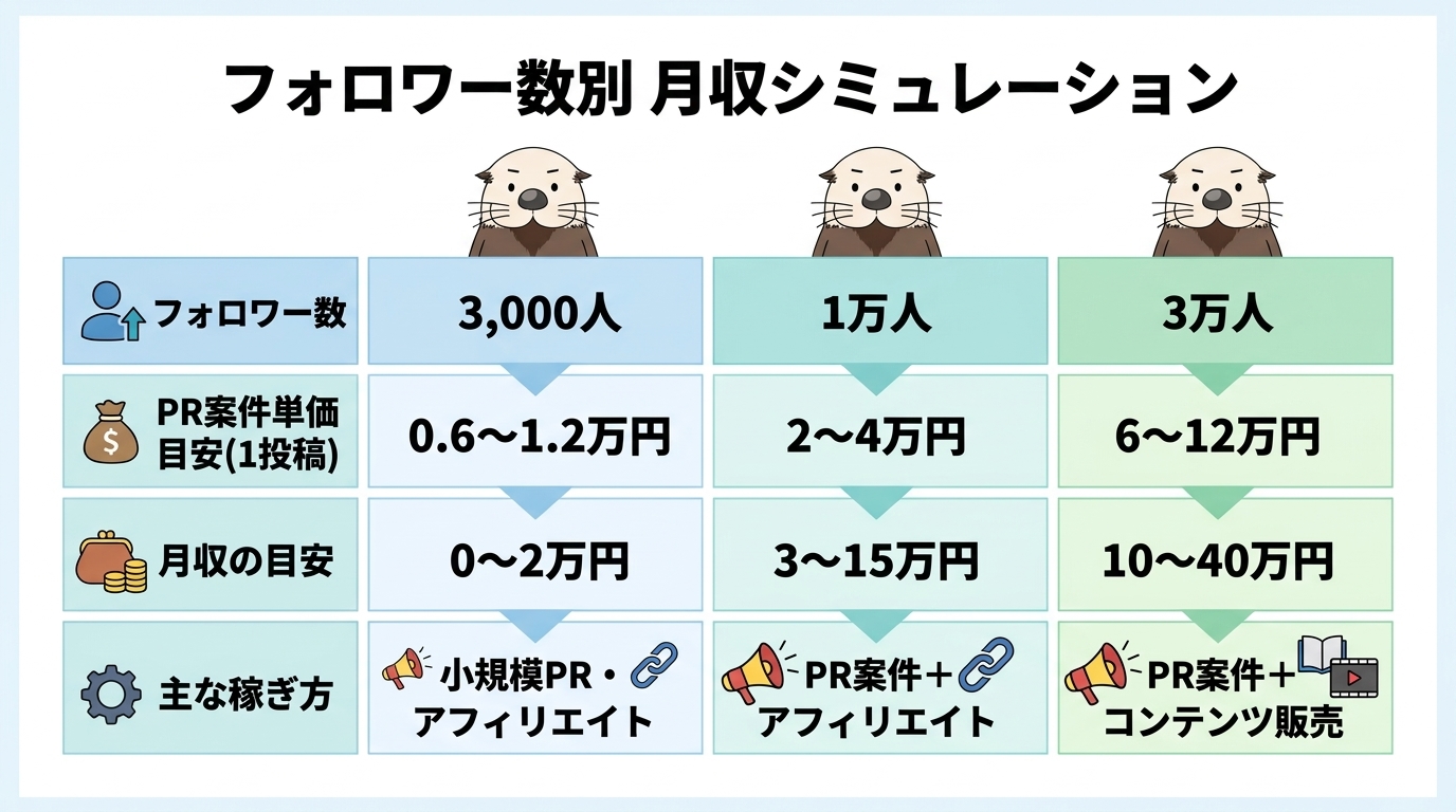 フォロワー数別の月収シミュレーション図解