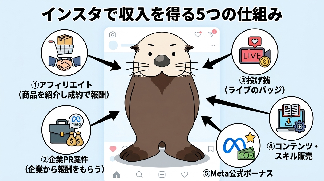 インスタで収入を得る5つの仕組みの図解