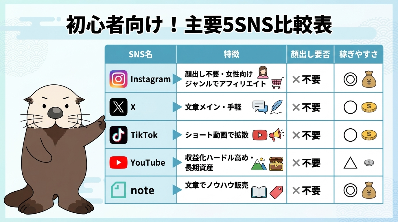 主要5SNSの初心者向け比較表（特徴・顔出し要否・稼ぎ方）