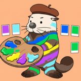 鮮やかなパレットを掲げ、自分の体も同じ配色のしま模様に塗った画家ラッコ