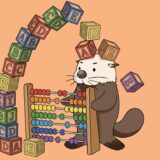 アルファベットの積み木をそろばんで1文字ずつ数えるラッコ