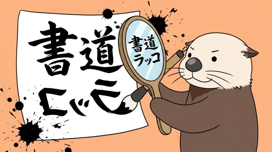 鏡文字で書いた半紙を手鏡で確認する書道ラッコ