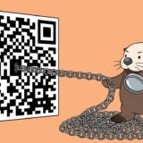 巨大なQRコードから長いリンクの紐を引っ張り出すラッコ
