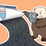 ウェブページをめくって裏のコードをルーペで読むラッコ