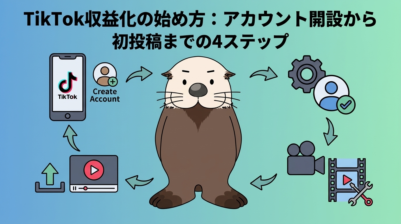 アカウント開設から初投稿まで、TikTok収益化の4ステップをラッコが解説する図解
