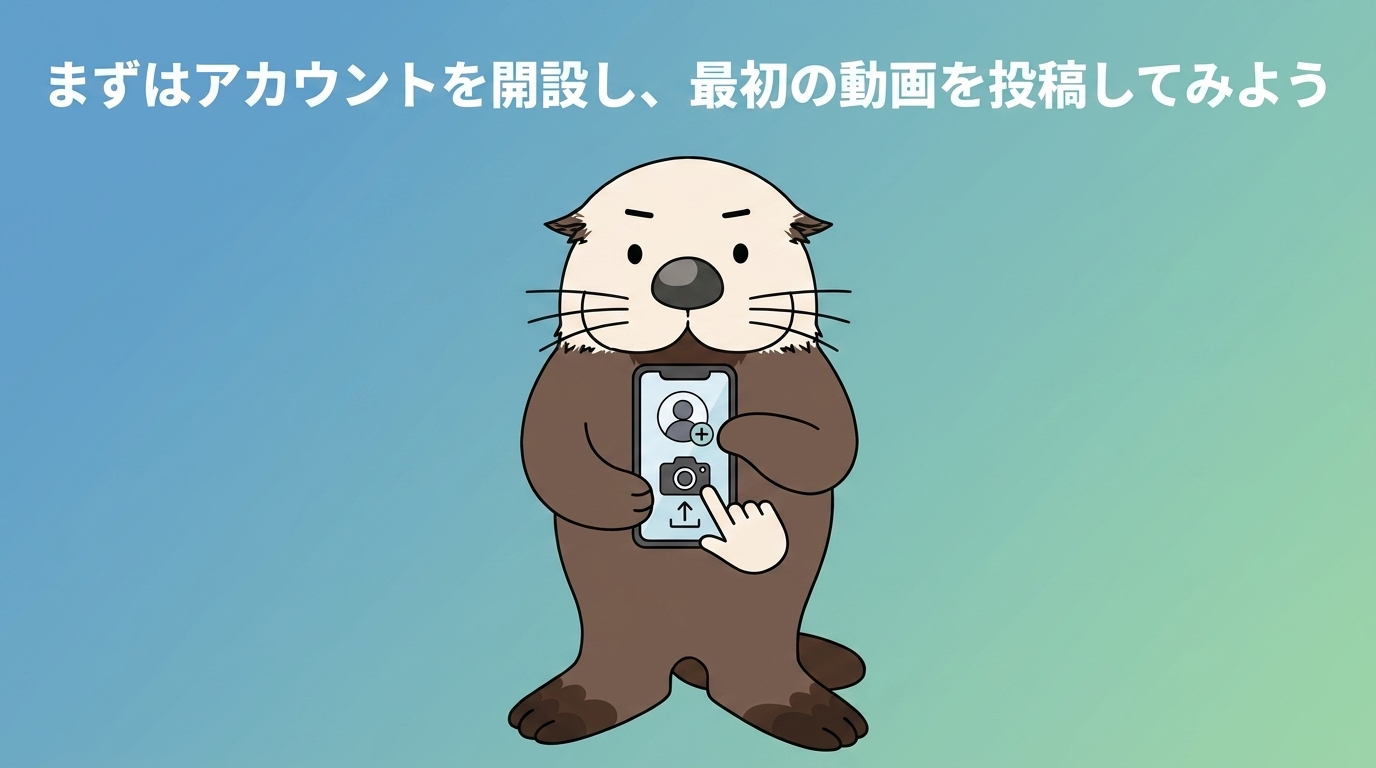 ラッコがアカウントを開設し、初めての動画を投稿する手順を示す図解