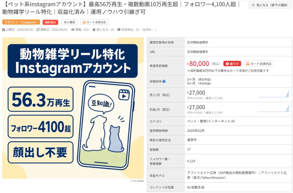 動物雑学リール特化Instagramアカウントの販売情報。56万再生、フォロワー4100人超、...