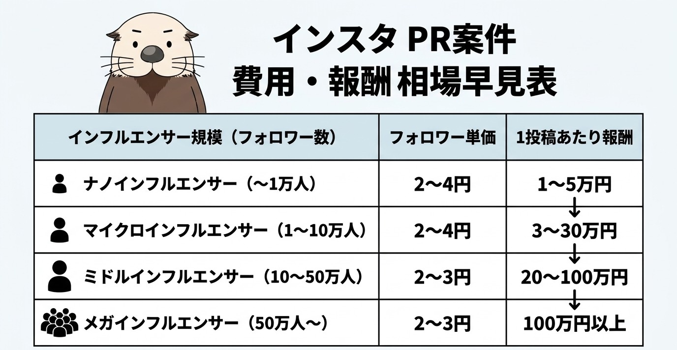 インスタPR案件の費用・報酬相場早見表。規模別のフォロワー単価と1投稿あたりの報酬目安。