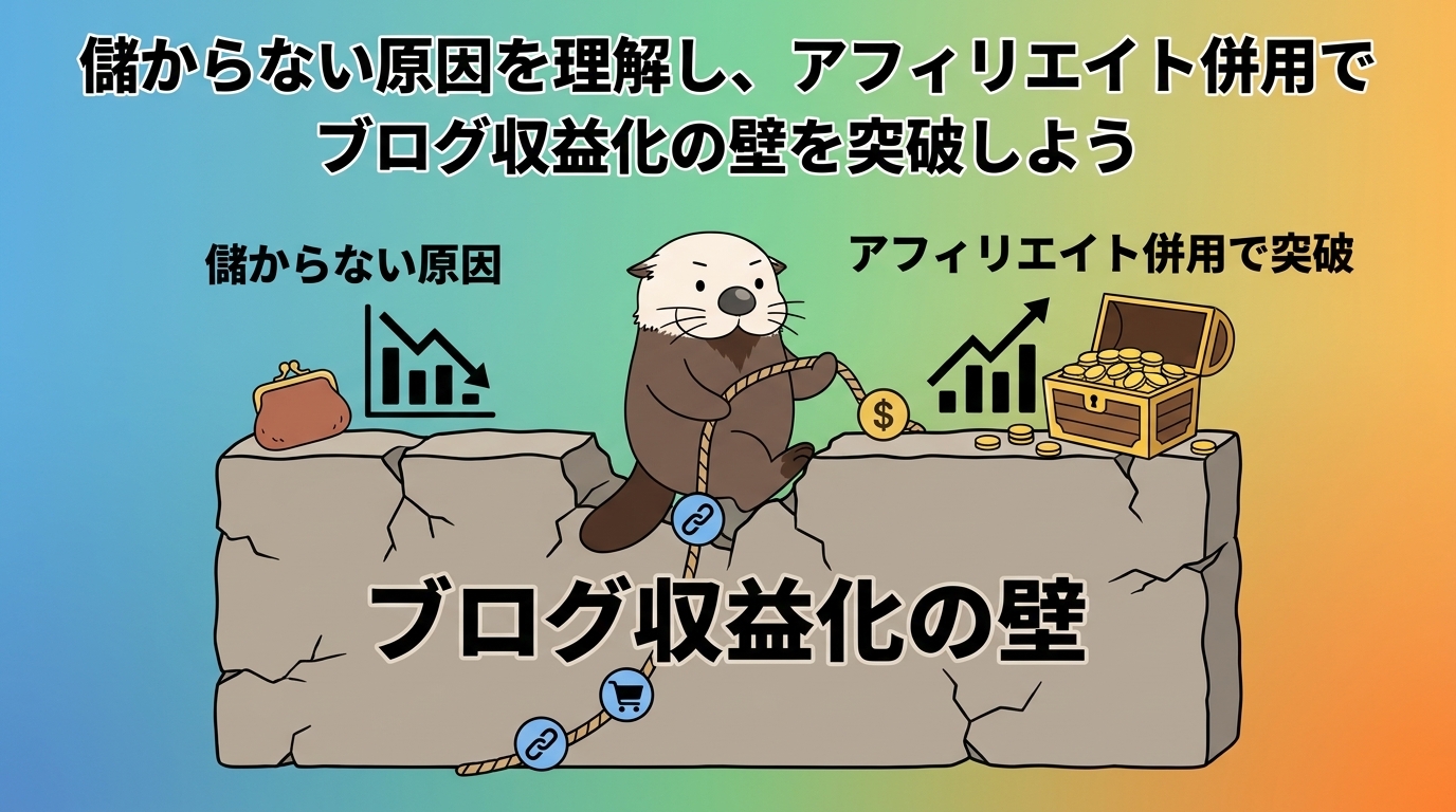 アフィリエイト併用でブログ収益化の壁を突破するラッコを示す図解