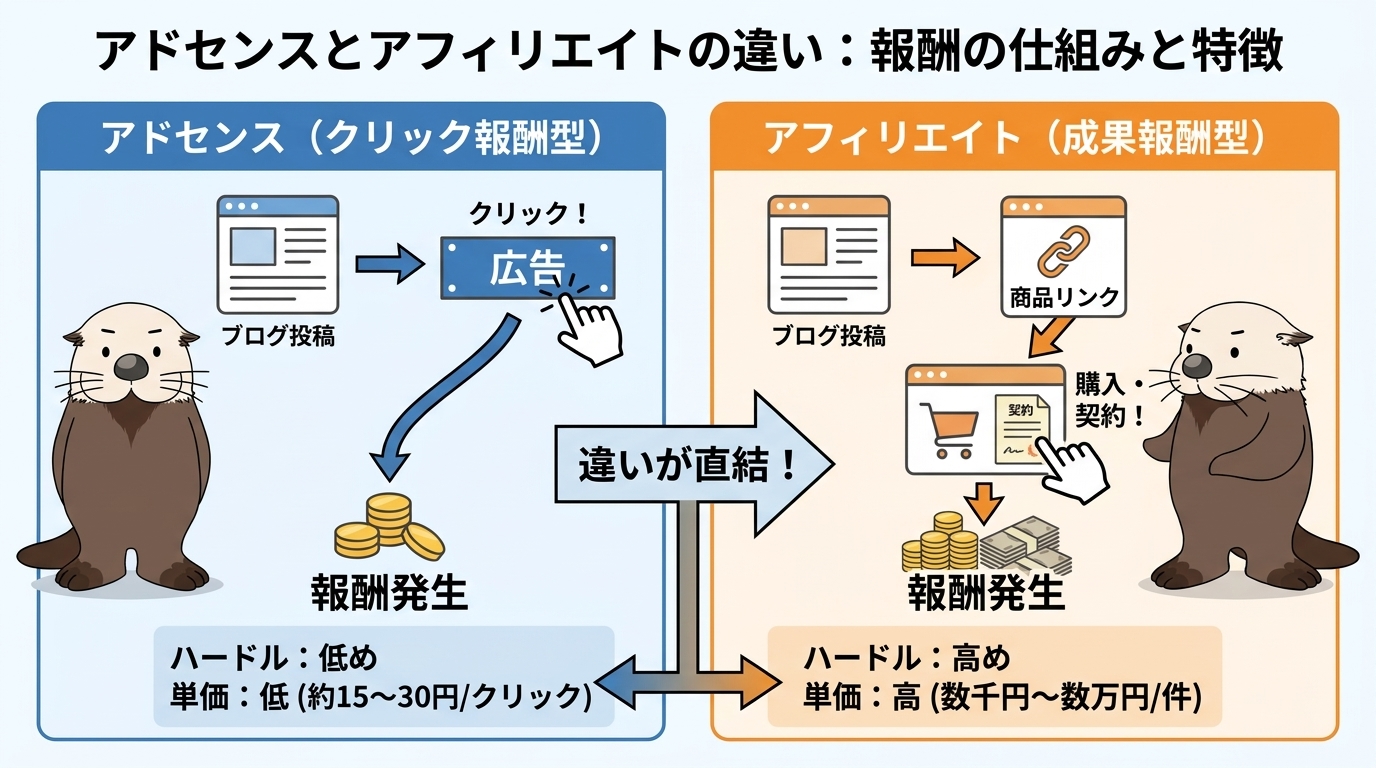 アドセンスとアフィリエイトの報酬条件・単価・難易度の違いを比較した図解