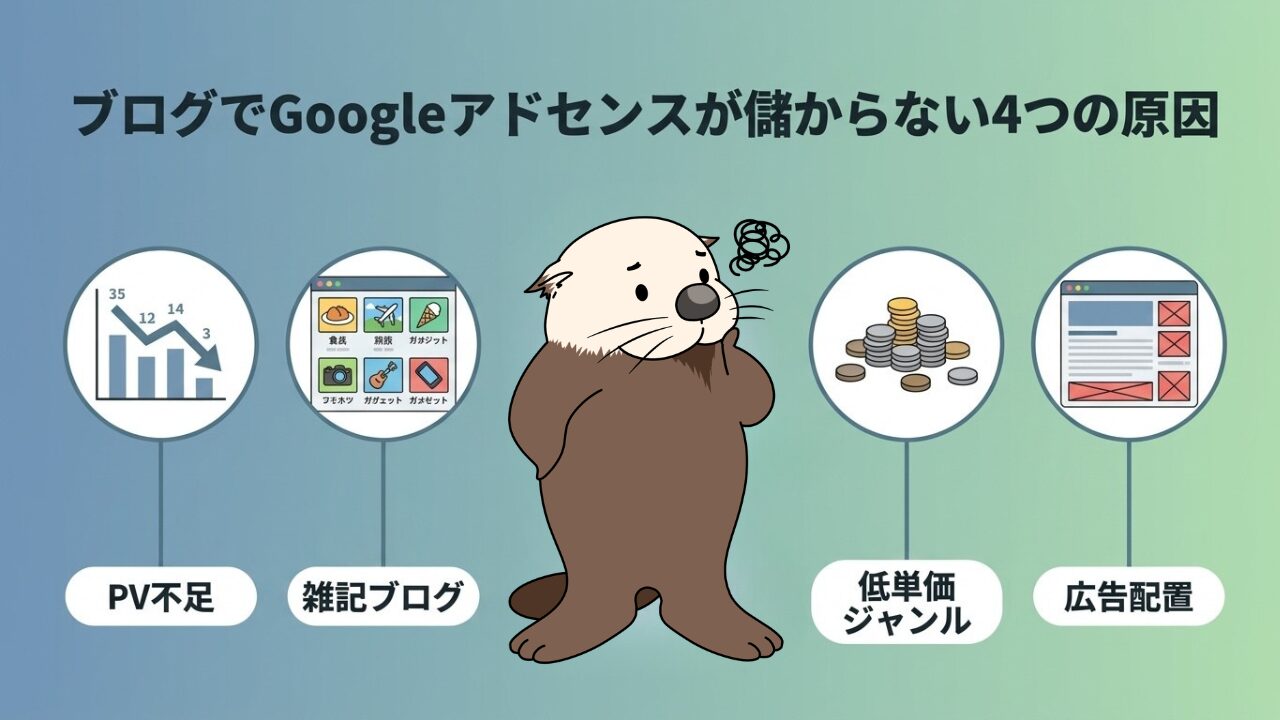 ブログでアドセンスが儲からない4つの原因:PV不足、雑記ブログ、低単価ジャンル、広告配置